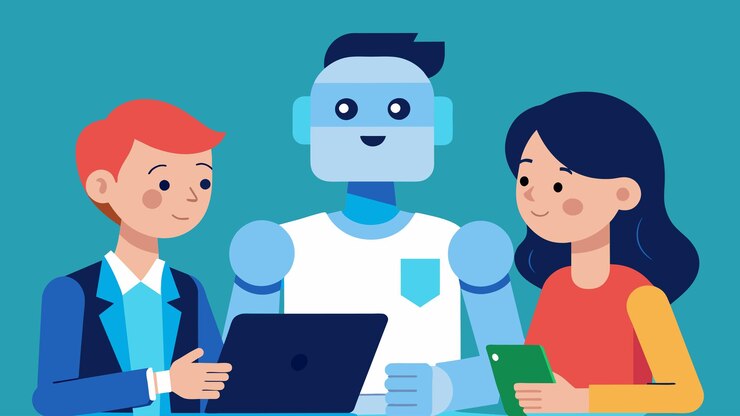 Vector un equipo de hermanos entrevistando a un experto en tecnología sobre el tema de la inteligencia artificial