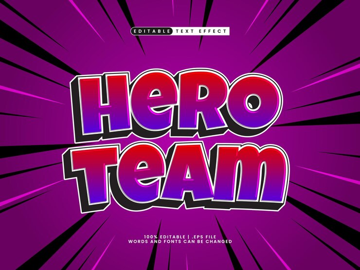 Vector equipo de héroes efecto de texto editable en niños y estilo de texto feliz