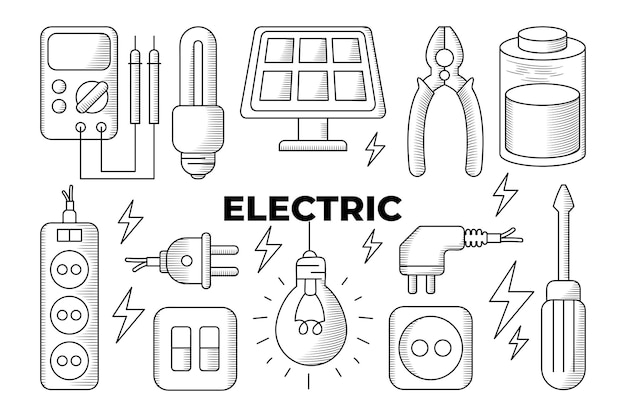 Equipo de herramientas eléctricas con diseño de garabatos lineales dibujados a mano