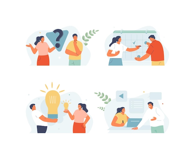 Equipo hombre y mujer en diferentes situaciones de negocios. Idea, planificación, colaboración, resolución de problemas.