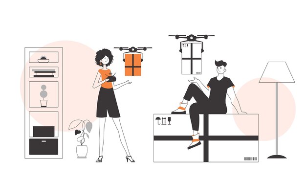Un equipo de hombre y mujer envía un paquete por drone Concepto de entrega aérea Estilo moderno lineal