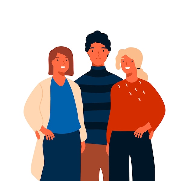 Equipo de hombre y mujer de negocios sonrientes posando juntos ilustración plana vectorial. Jóvenes felices de pie con emociones positivas aisladas en blanco. Persona moderna con estilo alegre o colegas.