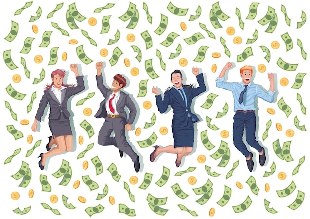 Equipo de hombre de negocios y mujer saltando junto con gota de dinero desde la ilustración de vector de cielo