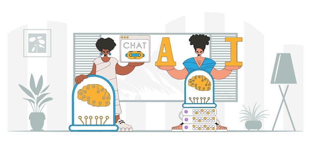 Equipo de IA de chico y chica, elegante ilustración vectorial de diseño gráfico.