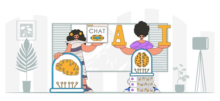 Vector equipo de ia de chico y chica en estilo moderno, ilustrado en forma vectorial.