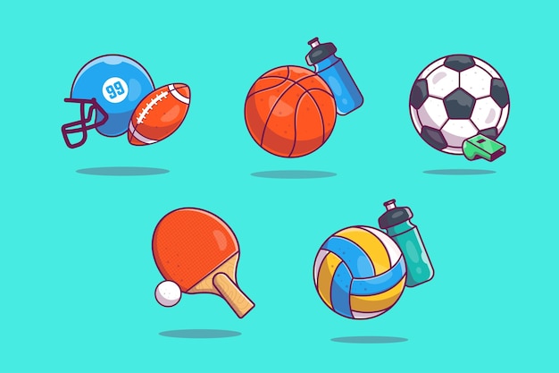 Equipo de ilustraciones deportivas Pack con casco de pelota de baloncesto y botella de agua aislada