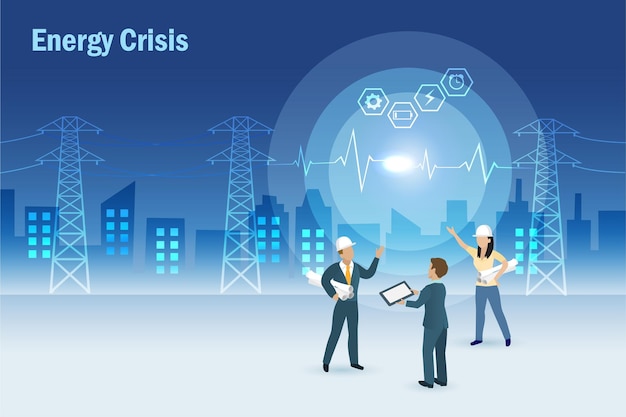 El equipo de ingenieros eléctricos discute sobre la crisis energética con la estación de electricidad día mundial del medio ambiente