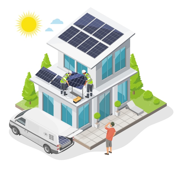 Equipo de instalador de techo solar concepto de instalación de servicio de celda solar en el techo de la casa moderna en gre