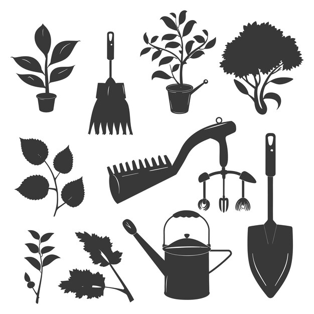 Vector equipo de jardinería de silueta sólo color negro