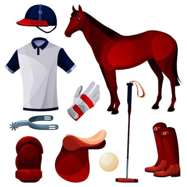 Equipo de juego de polo, herramientas deportivas, conjunto de iconos vectoriales