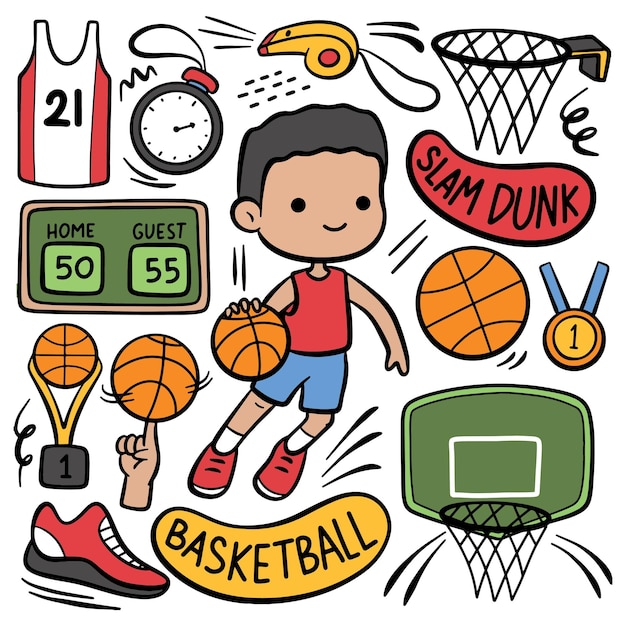 Equipo y jugador de baloncesto de dibujos animados de estilo doodle