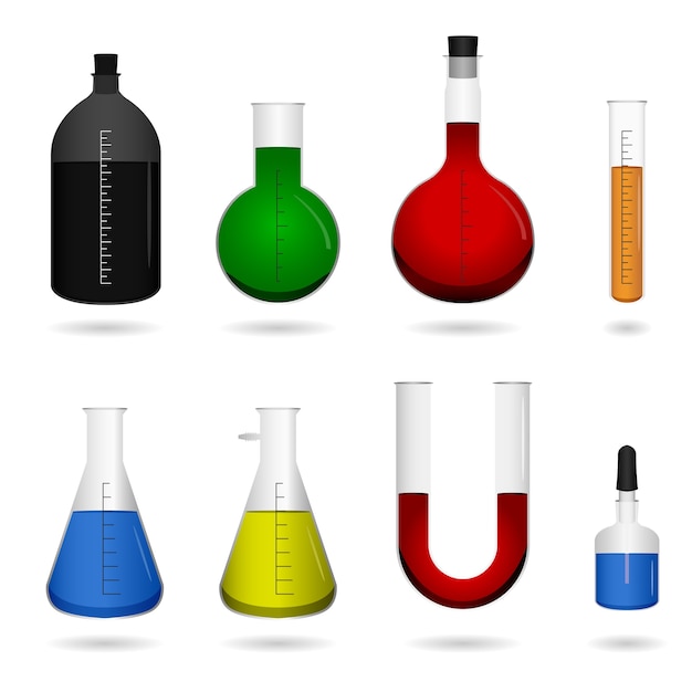 Equipo de laboratorio de ciencia química. un conjunto de equipos de laboratorio de ciencias con productos químicos líquidos.