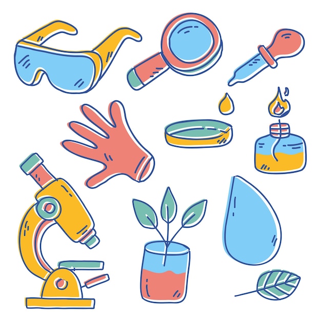 Equipo de laboratorio con vasos de precipitados de matraz de tubos de vidrio y otros equipos de medición de laboratorio químico y de medicina estilo de dibujos animados para diseñador gráfico ilustración vectorial