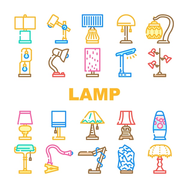 Equipo de lámpara para iluminar iconos Set Vector Vintage y moderna lámpara LED Herramienta eléctrica para iluminar habitación Cama Mesa y espacio de trabajo Escritorio Tecnología de luz elegante Ilustraciones en color