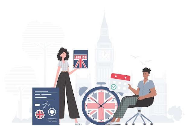 Equipo de lengua inglesa El concepto de aprender inglés Estilo de dibujos animados de moda Vector