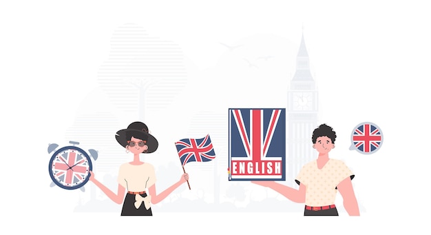 Equipo de lengua inglesa El concepto de enseñanza de inglés Estilo de dibujos animados de moda Vector