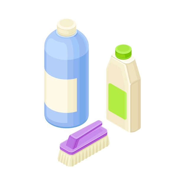 Equipo de limpieza doméstica con cepillo de lavado y detergente en botellas Composición vectorial isométrica