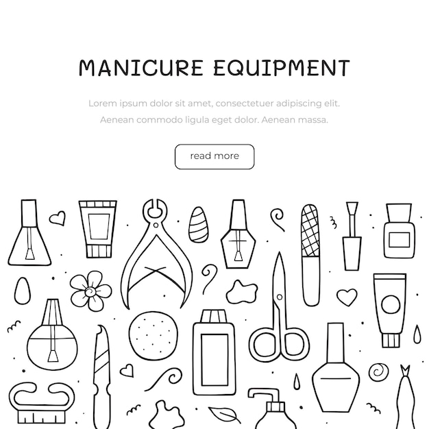 Equipo de manicura. Diseño de plantillas de salón de uñas. Boceto de doodle dibujado a mano. Ilustración de línea para sitio web, banner.