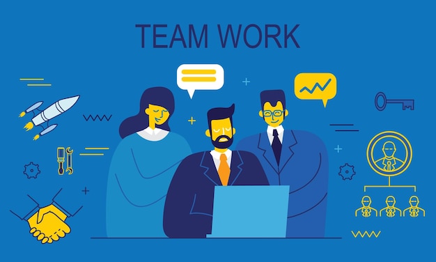 Equipo de marketing digital con portátiles y bombilla. Métricas del equipo de marketing, liderazgo del equipo de marketing y concepto de responsabilidades sobre fondo blanco.