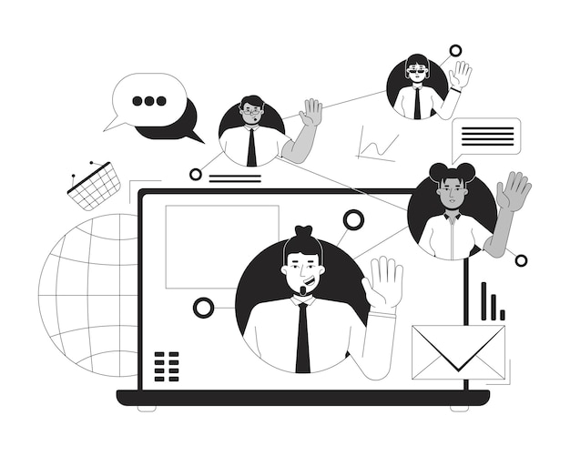 Equipo de marketing digital remoto concepto de ilustración 2D en blanco y negro