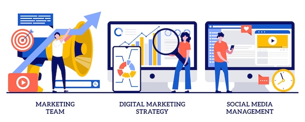 Equipo de marketing, estrategia de marketing digital, concepto de gestión de redes sociales con gente pequeña. Conjunto de ilustración abstracta de desarrollo de estrategia de campaña. SMM, conocimiento de marca, canales online.