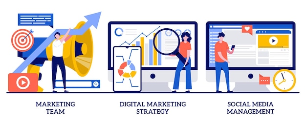 Vector equipo de marketing, estrategia de marketing digital, concepto de gestión de redes sociales con gente pequeña. conjunto de ilustración abstracta de desarrollo de estrategia de campaña. smm, conocimiento de marca, canales online.