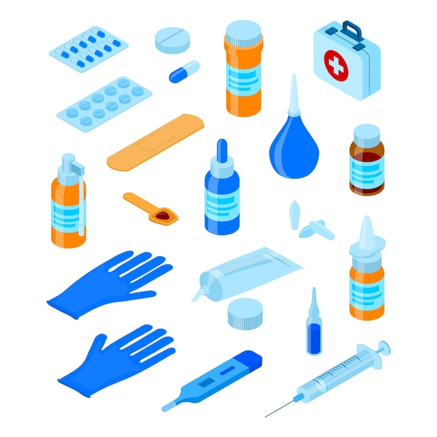 Equipo médico y conjunto de iconos de farmacia Vector de vista isométrica 3d