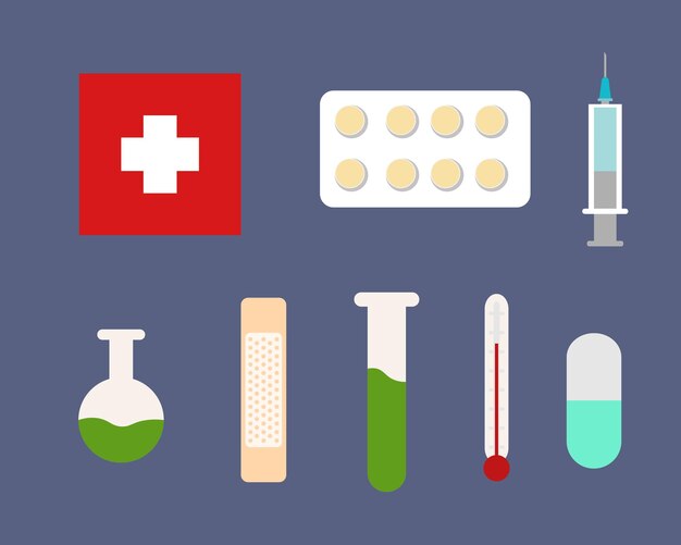 Equipo médico Ilustración vectorial de elementos Medicamentos