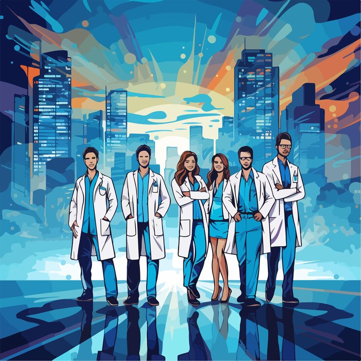 Vector equipo médico profesional unido en un entorno urbano