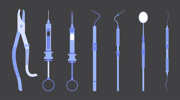 Equipo médico Vector de conjunto simple Diseño plano de vacuna de píldora dental