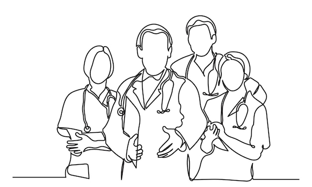 un equipo de médicos de dibujo de línea continua un grupo de jóvenes médicos masculinos y femeninos posan de pie