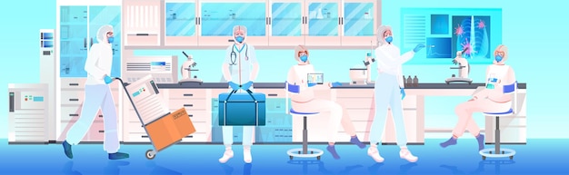 Vector equipo de médicos con máscaras y trajes protectores trabajando juntos en el desarrollo de vacunas de laboratorio médico.