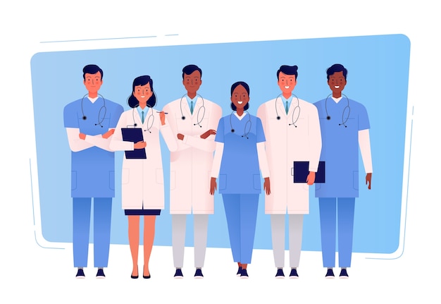 Equipo de médicos multiculturales está unido. Personal medico.