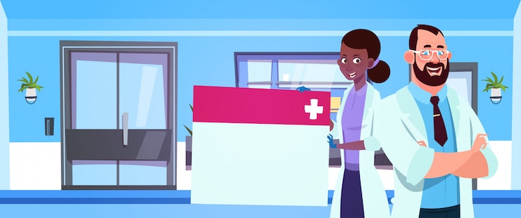 Vector equipo de médicos que sostienen el tablero vacío