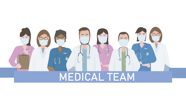 Un equipo de médicos y trabajadores médicos en uniforme.