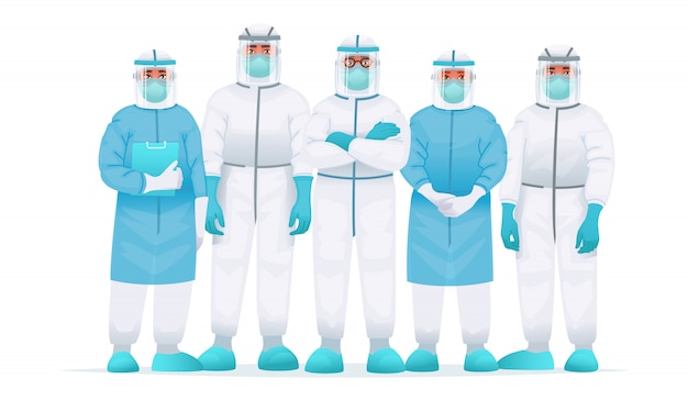 Equipo de médicos en un traje protector, máscara médica y gafas. combatir el brote de la epidemia de coronavirus covid-2019