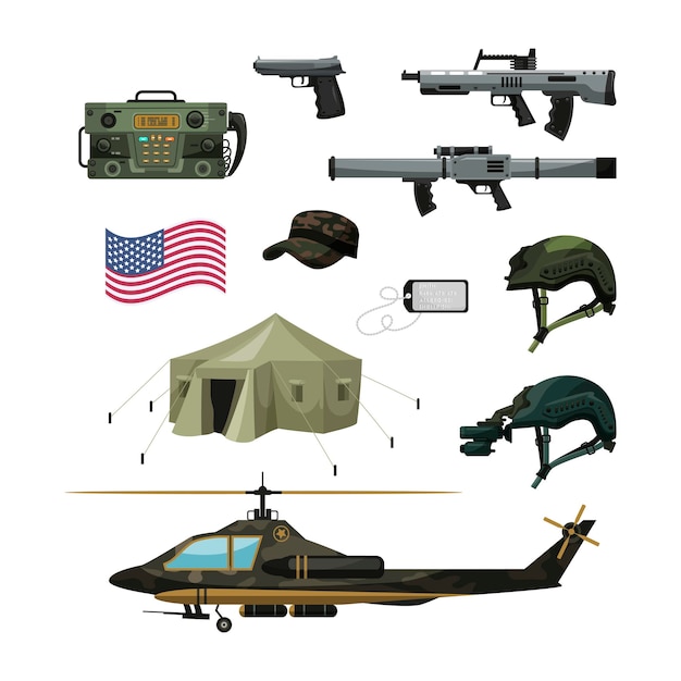 Vector equipo militar, conjunto de equipo de transporte del ejército, francotirador, rifle de asalto, gorra, casco, dispositivo de visión nocturna, bandera nacional de ee. uu., helicóptero, carpa, soldado, insignia de identificación