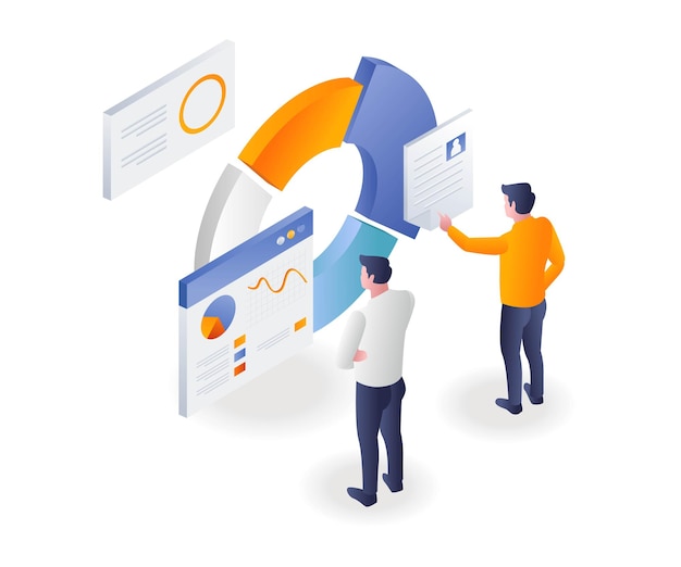 El equipo está mirando el gráfico circular de datos analíticos