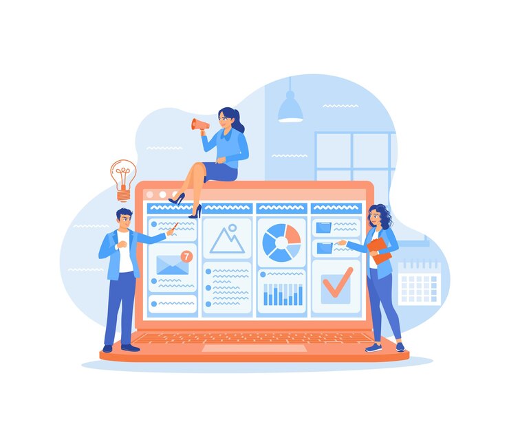Vector el equipo de negocios analiza y desarrolla ideas de marketing trabajo en equipo de negocios hacia el éxito concepto de gestión de proyectos ilustración vectorial plana