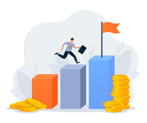 Equipo de negocios caminando escalera de éxito o pasos página web de banner Concepto de diseño plano de análisis de negocios y planificación aumentar las ganancias crecimiento del negocio