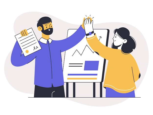 El equipo de negocios celebra el éxito de la colaboración en el trabajo en equipo y la escena del vector de resultados de la lluvia de ideas