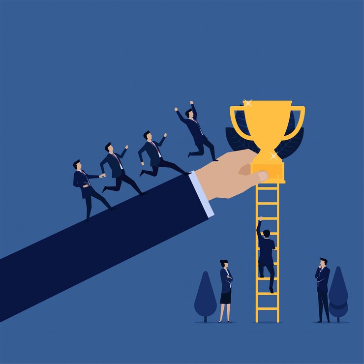 Vector equipo de negocios dirigido al trofeo, mientras que otros suben la metáfora de la escalera de manera fácil y difícil