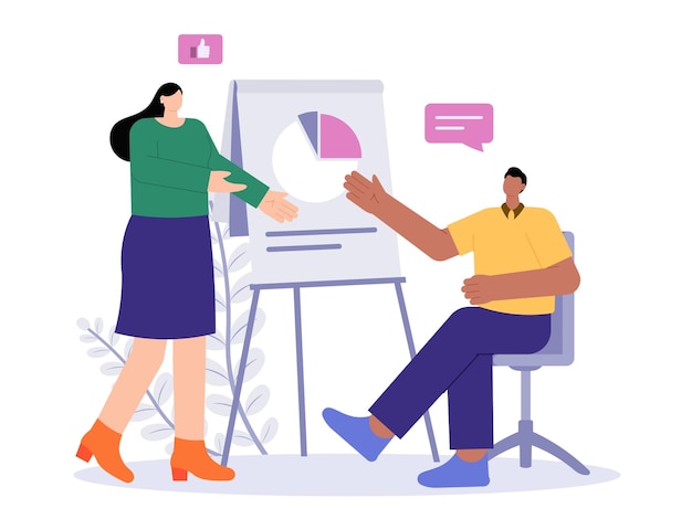 Equipo de negocios discutiendo sobre la ilustración de marketing