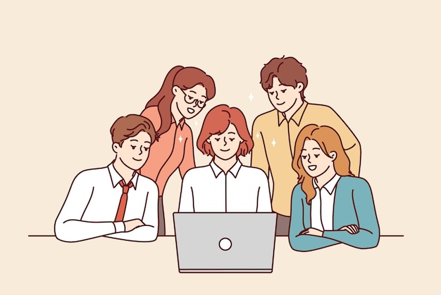 Un equipo de negocios exitoso mira la pantalla del portátil juntos participando en una reunión corporativa en línea