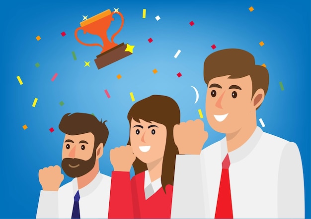 equipo de negocios exitoso Tres hombres de negocios celebran el éxito con trofeos ganadores