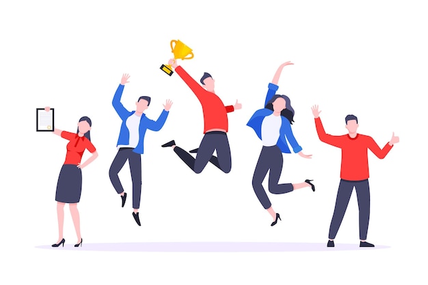 Equipo de negocios feliz equipo de empleados ceremonia de entrega de premios diseño de estilo plano ilustración vectorial