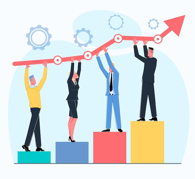 Vector equipo de negocios se para en un gráfico de pedestal y sostiene una flecha que muestra el trabajo en equipo exitoso