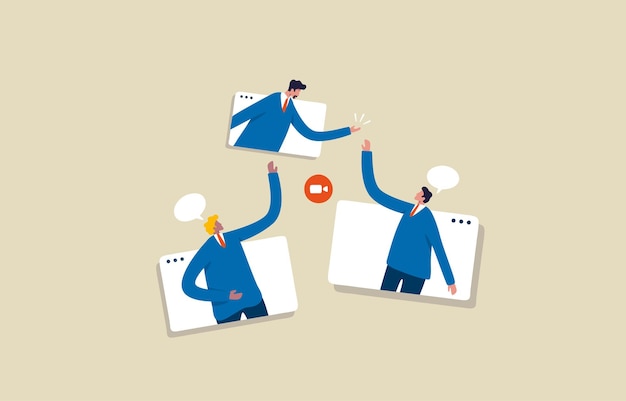 Equipo de negocios haciendo reunión virtual Personas en pantallas conectadas trabajo en equipo o concepto de cooperación Ilustración