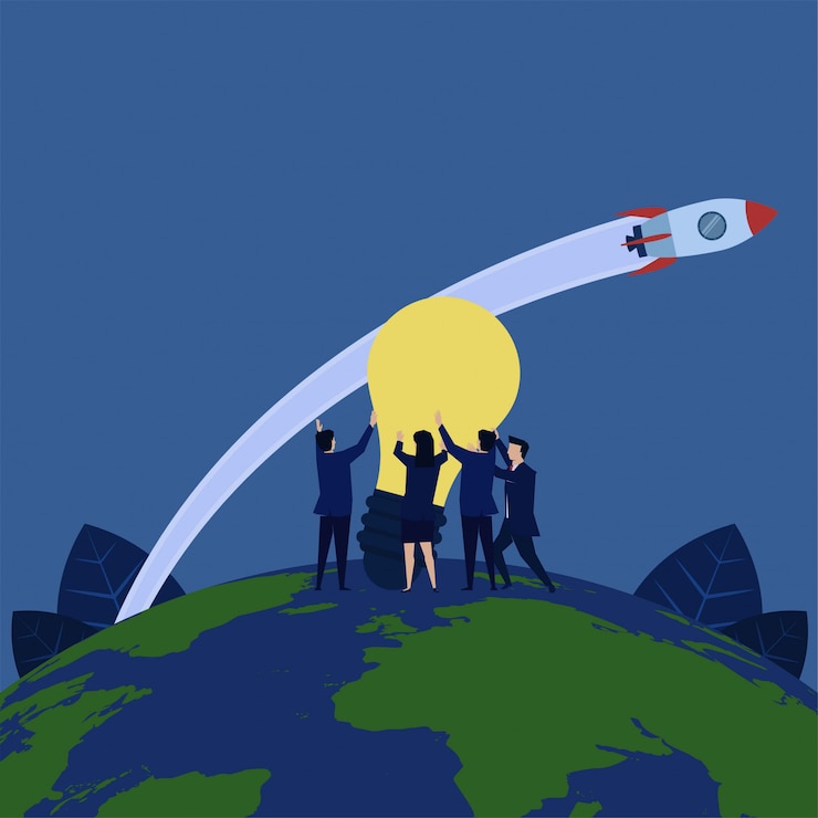 Vector el equipo de negocios puso la gran idea en la cima de la metáfora mundial del éxito.