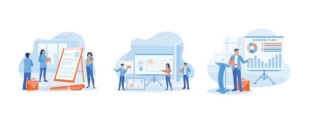 Equipo de negocios que tiene una reunión en la oficina Comunicación de trabajo en equipo Empresario que hace una presentación del plan de negocios en la oficina Concepto del plan de negocio Ilustración vectorial plana